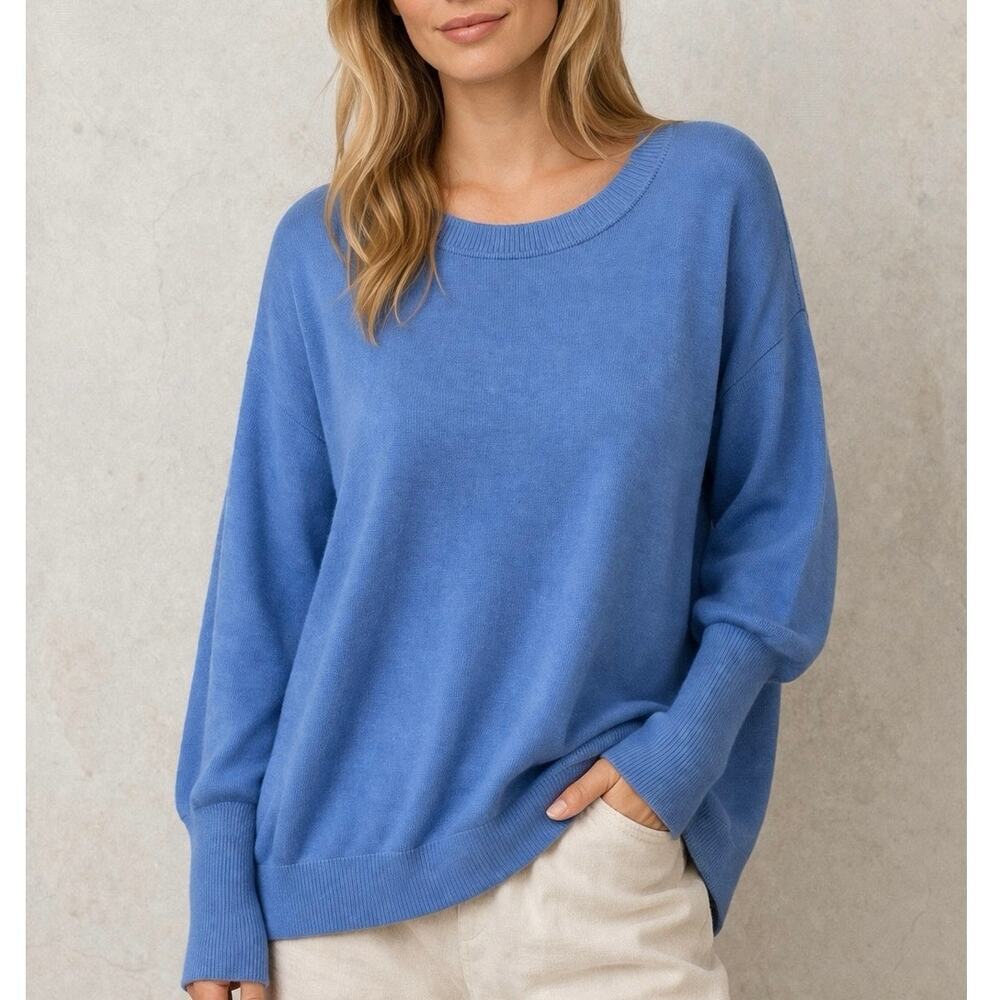 Planet by Lauren G Pima Cotton Oversized Crewneck Sweater Blue One Size